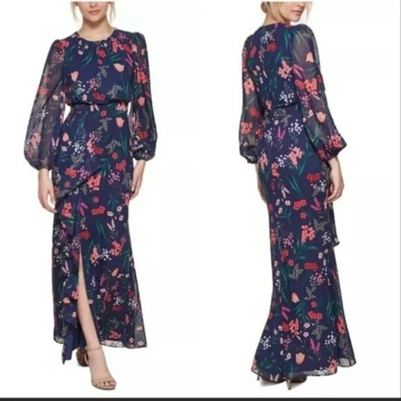 Eliza J. Dresses & Skirts - NWT Eliza j Navy Floral Cascade Ruffle Long Sleeve Dress.  SZ 6